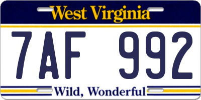 WV license plate 7AF992