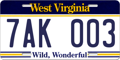 WV license plate 7AK003