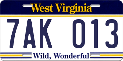 WV license plate 7AK013