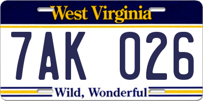 WV license plate 7AK026