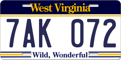 WV license plate 7AK072