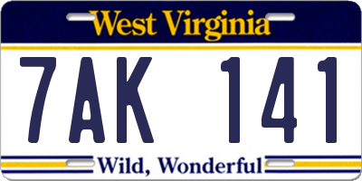 WV license plate 7AK141