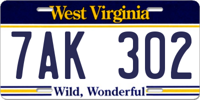 WV license plate 7AK302