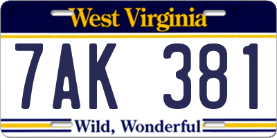 WV license plate 7AK381