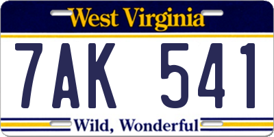 WV license plate 7AK541