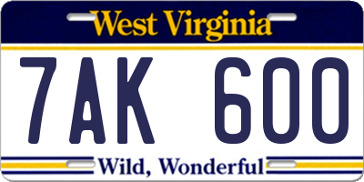 WV license plate 7AK600