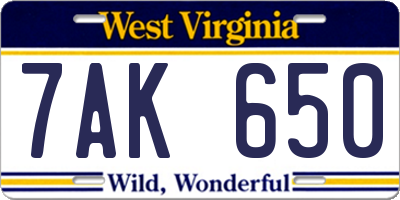 WV license plate 7AK650