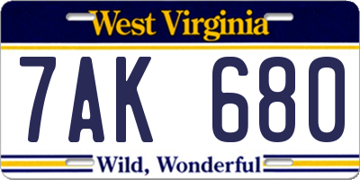 WV license plate 7AK680