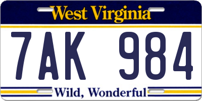 WV license plate 7AK984