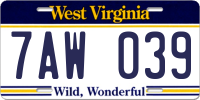 WV license plate 7AW039