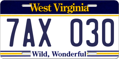 WV license plate 7AX030