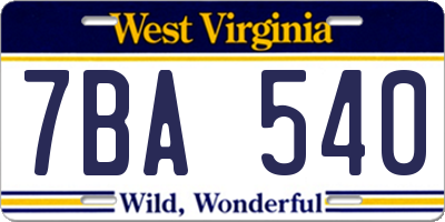 WV license plate 7BA540