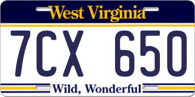 WV license plate 7CX650