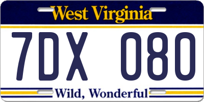 WV license plate 7DX080