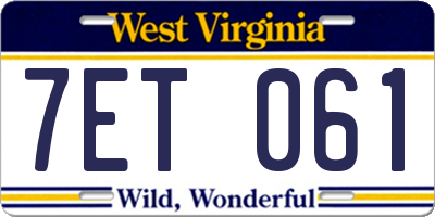 WV license plate 7ET061
