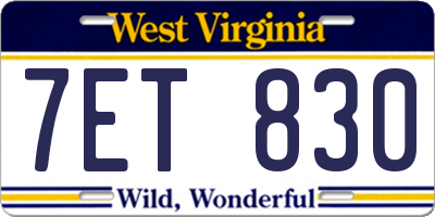 WV license plate 7ET830