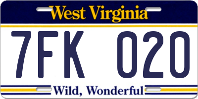 WV license plate 7FK020