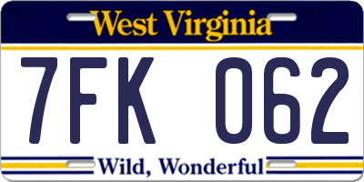 WV license plate 7FK062