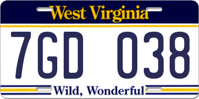 WV license plate 7GD038