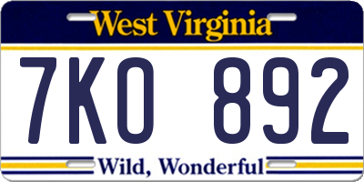WV license plate 7KO892