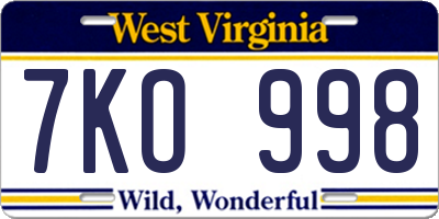 WV license plate 7KO998