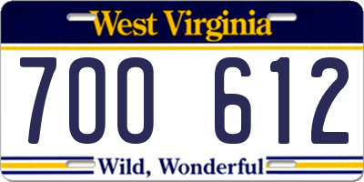 WV license plate 7OO612