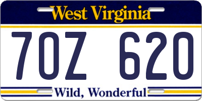 WV license plate 7OZ620