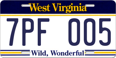 WV license plate 7PF005