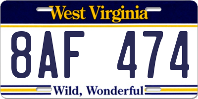 WV license plate 8AF474