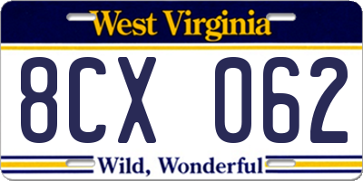 WV license plate 8CX062