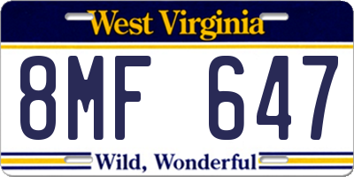 WV license plate 8MF647