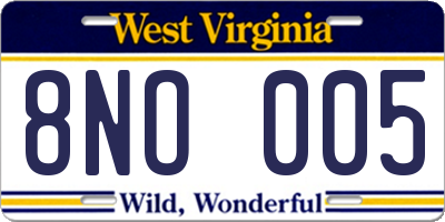 WV license plate 8NO005