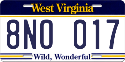 WV license plate 8NO017
