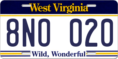 WV license plate 8NO020