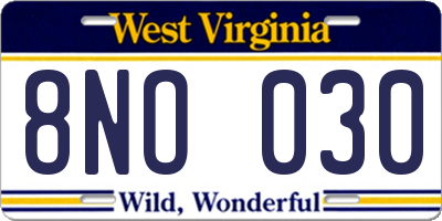 WV license plate 8NO030