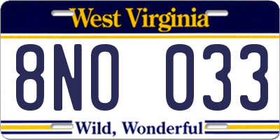 WV license plate 8NO033
