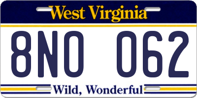 WV license plate 8NO062