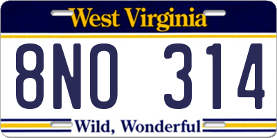 WV license plate 8NO314