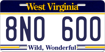 WV license plate 8NO600