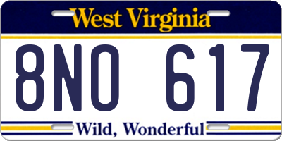 WV license plate 8NO617