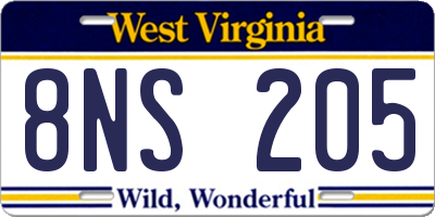 WV license plate 8NS205