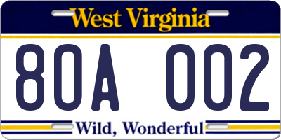 WV license plate 8OA002