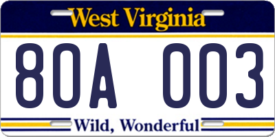 WV license plate 8OA003