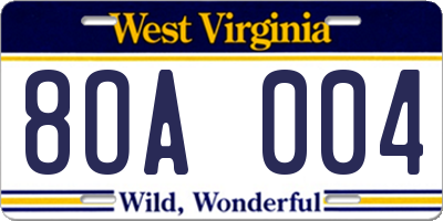 WV license plate 8OA004