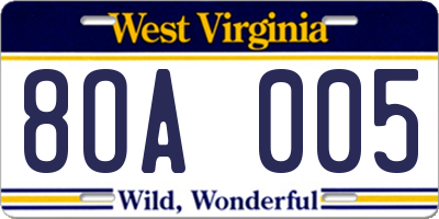 WV license plate 8OA005