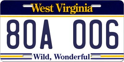 WV license plate 8OA006