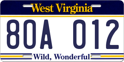 WV license plate 8OA012