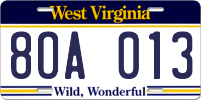 WV license plate 8OA013