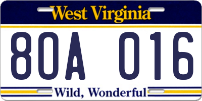 WV license plate 8OA016