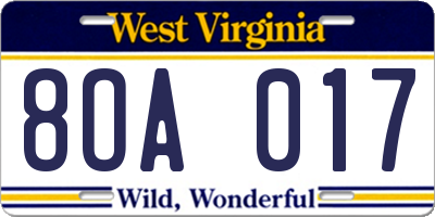 WV license plate 8OA017